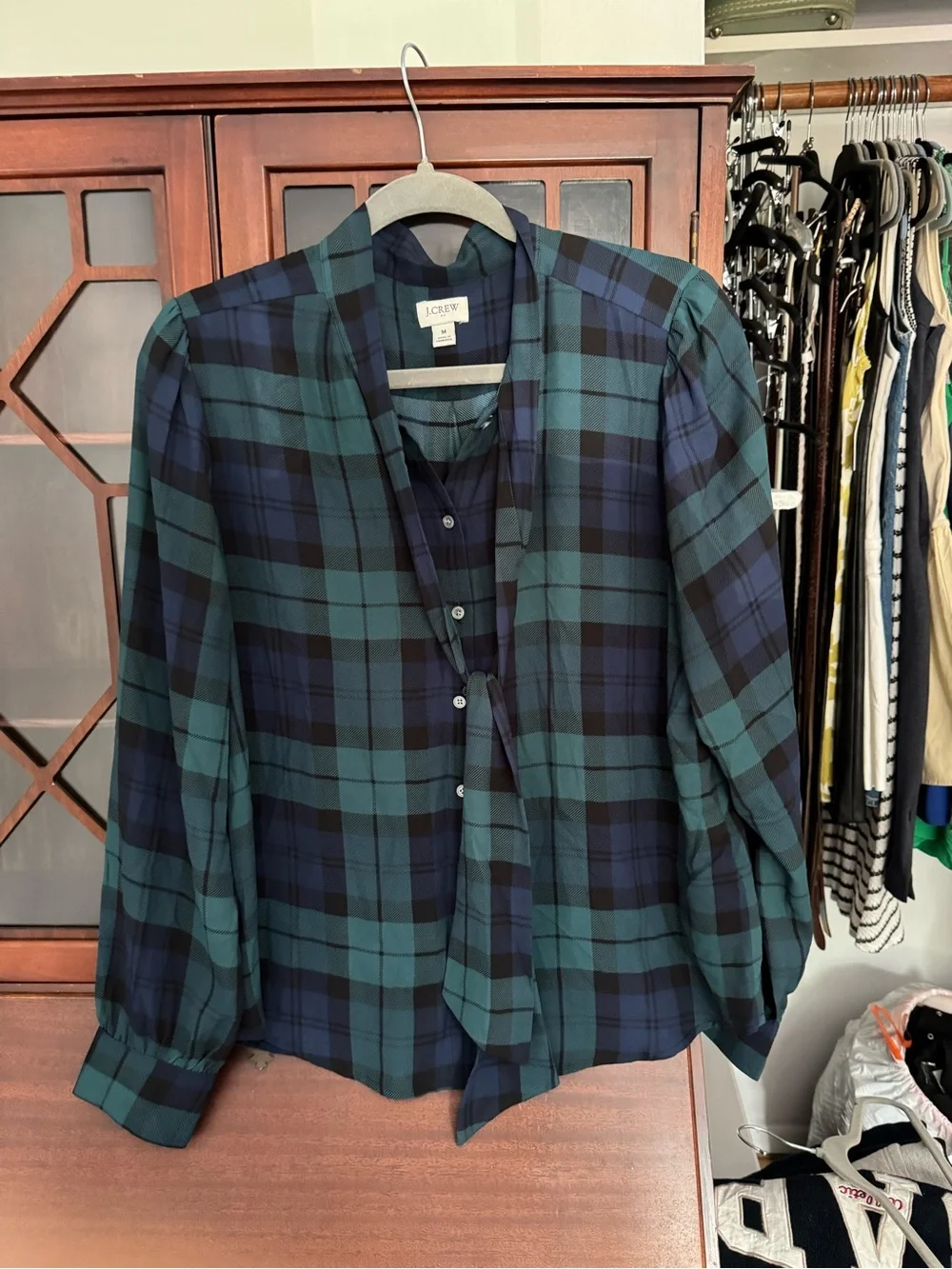 J. Crew Plaid Tie-Neck Blouse